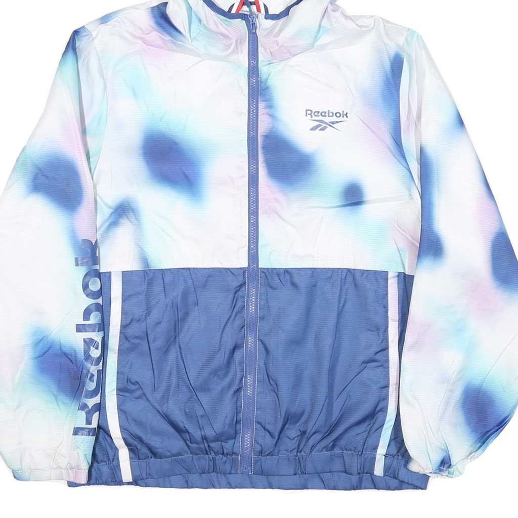REEBOK Womens Blue & White Tie Dye Zip Jacket L Polyester Blend Hooded Casual