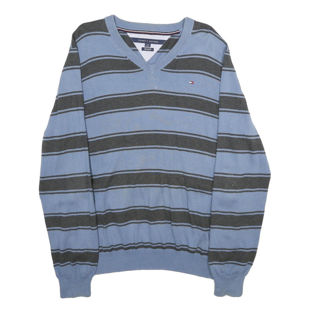 TOMMY HILFIGER Mens Blue & Grey Striped Pattern V-Neck Basic Knit Jumper L