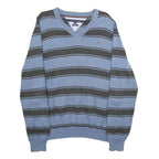 TOMMY HILFIGER Mens Blue & Grey Striped Pattern V-Neck Basic Knit Jumper L