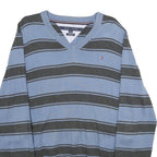 TOMMY HILFIGER Mens Blue & Grey Striped Pattern V-Neck Basic Knit Jumper L