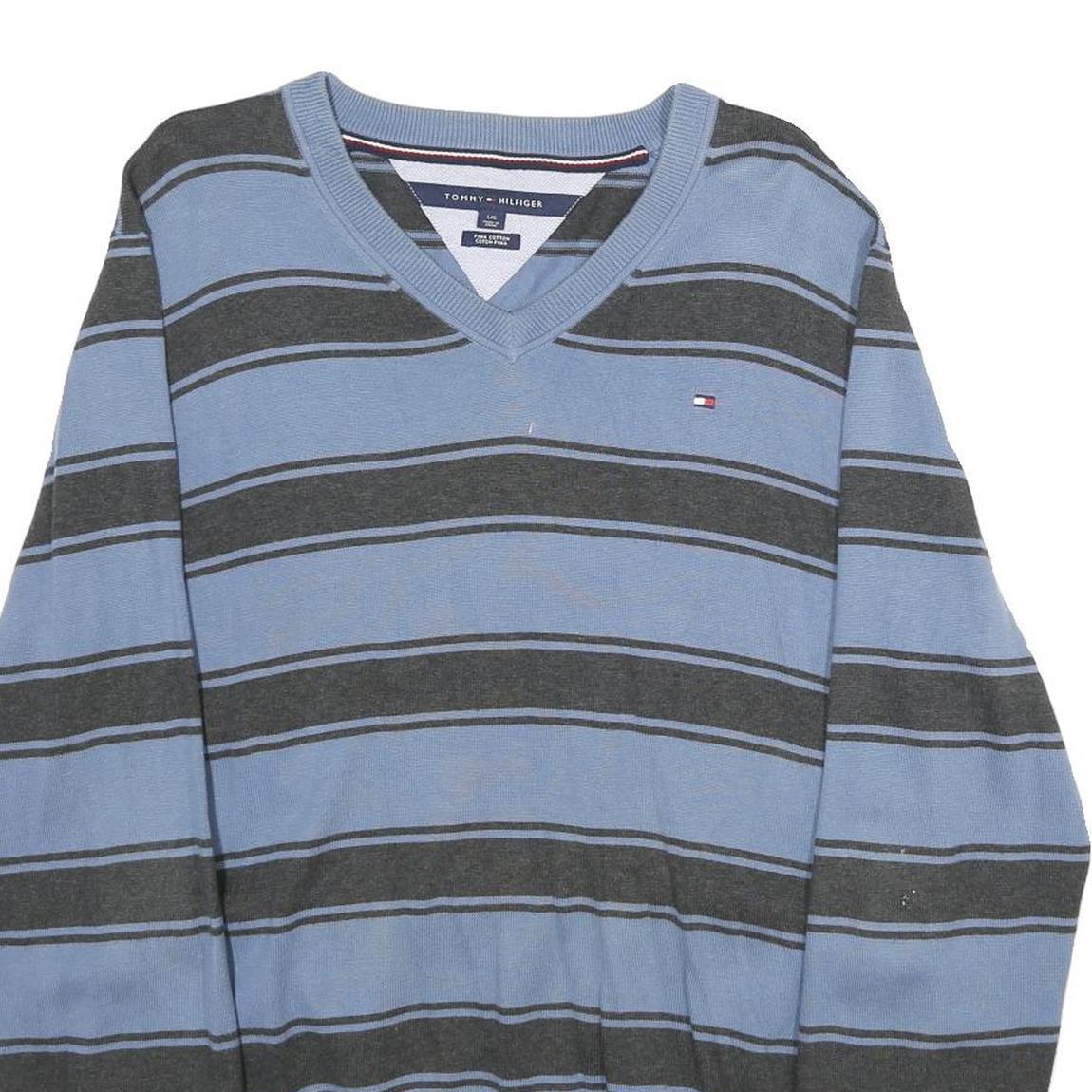 TOMMY HILFIGER Mens Blue & Grey Striped Pattern V-Neck Basic Knit Jumper L