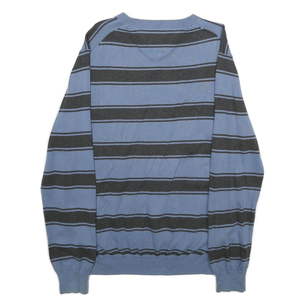 TOMMY HILFIGER Mens Blue & Grey Striped Pattern V-Neck Basic Knit Jumper L