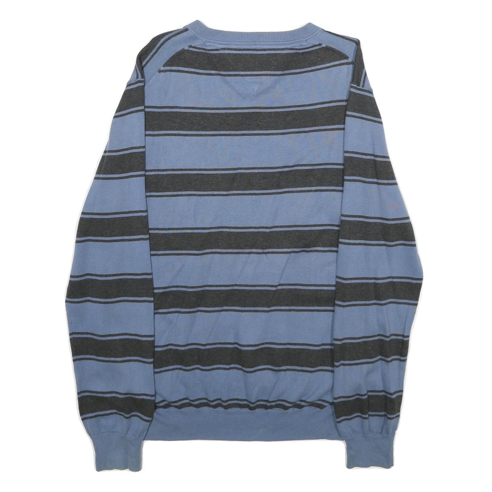 TOMMY HILFIGER Mens Blue & Grey Striped Pattern V-Neck Basic Knit Jumper L
