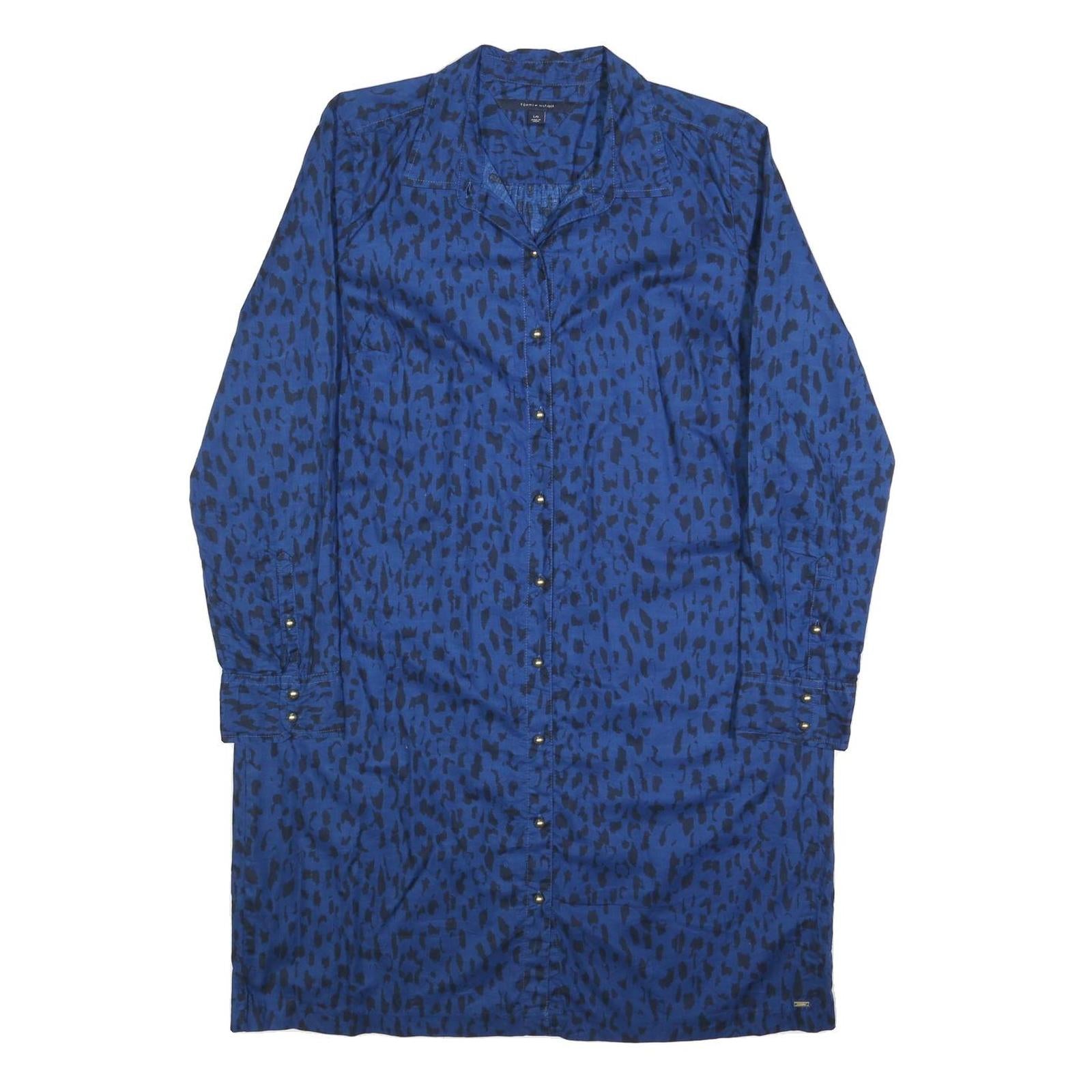 TOMMY HILFIGER Womens Blue & Black Animal Print Shirt Dress Cotton Long Sleeve L