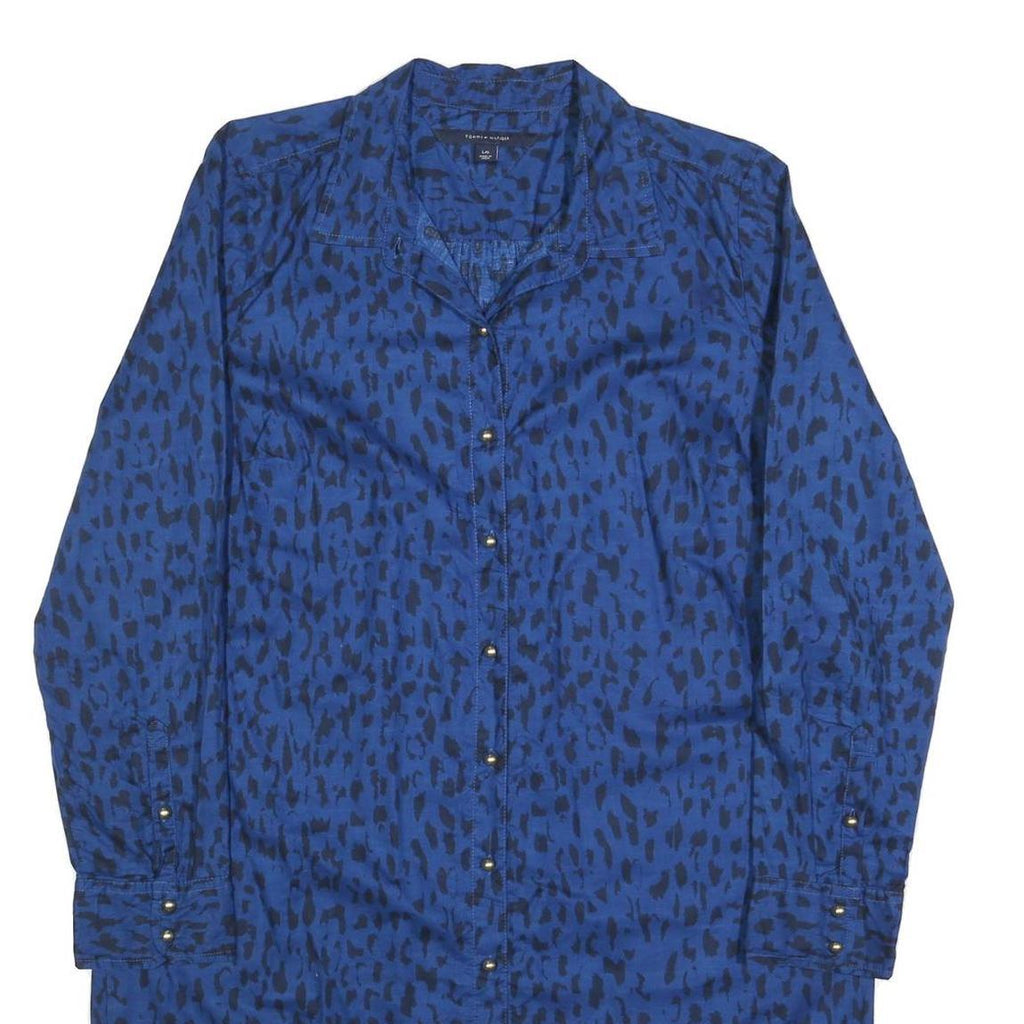 TOMMY HILFIGER Womens Blue & Black Animal Print Shirt Dress Cotton Long Sleeve L