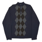 Mens Navy Blue Argyle Patterned Cotton Blend Pullover Jumper L Zip Neck