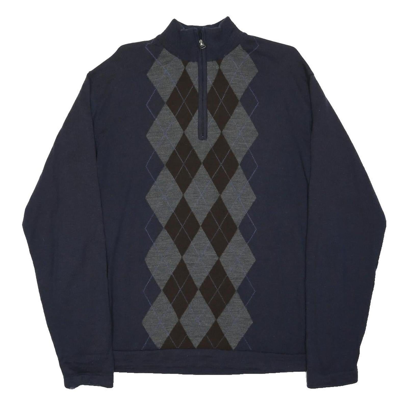 Mens Navy Blue Argyle Patterned Cotton Blend Pullover Jumper L Zip Neck