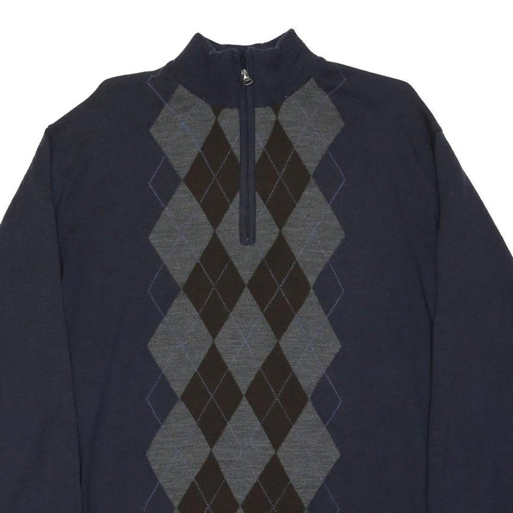 Mens Navy Blue Argyle Patterned Cotton Blend Pullover Jumper L Zip Neck