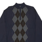 Mens Navy Blue Argyle Patterned Cotton Blend Pullover Jumper L Zip Neck