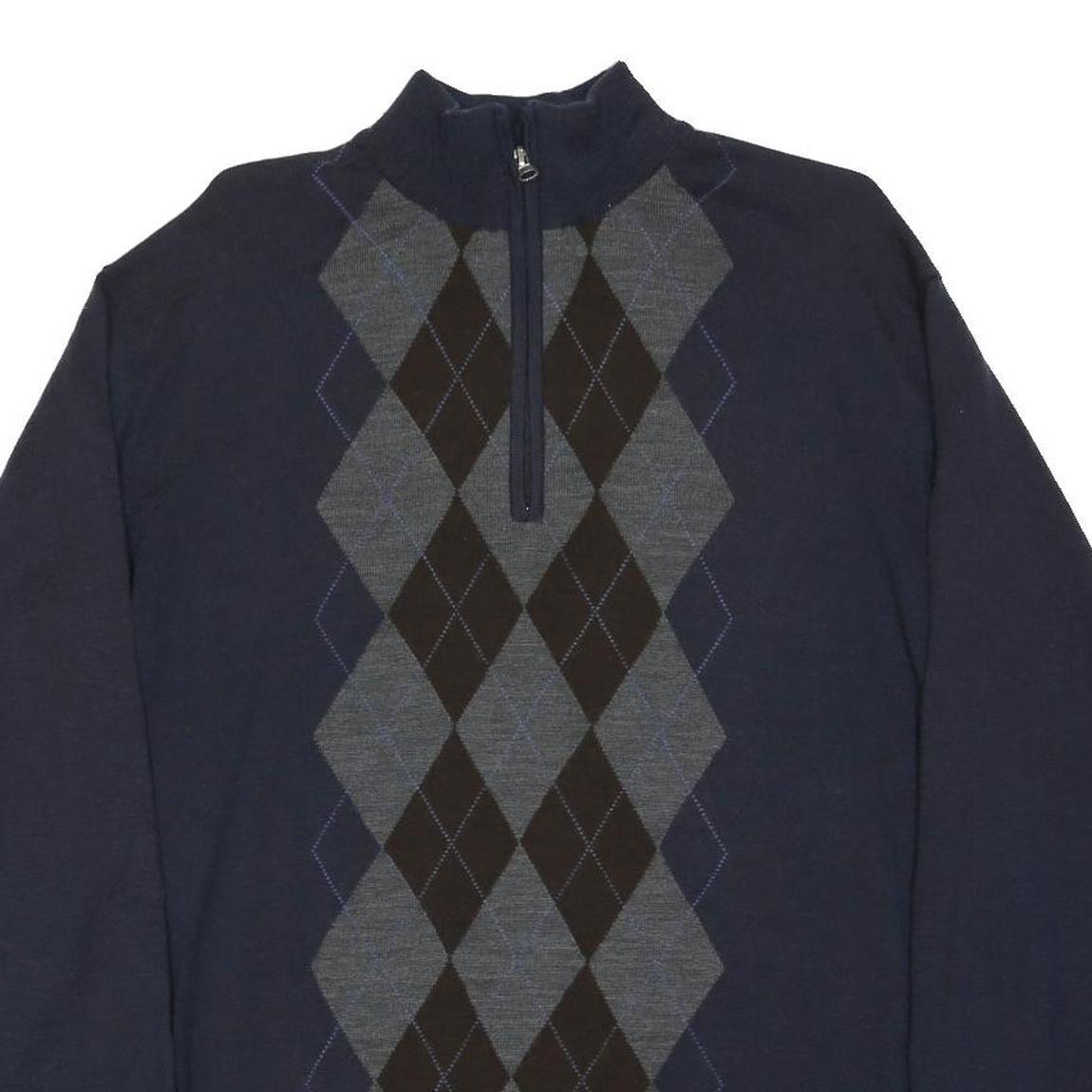 Mens Navy Blue Argyle Patterned Cotton Blend Pullover Jumper L Zip Neck