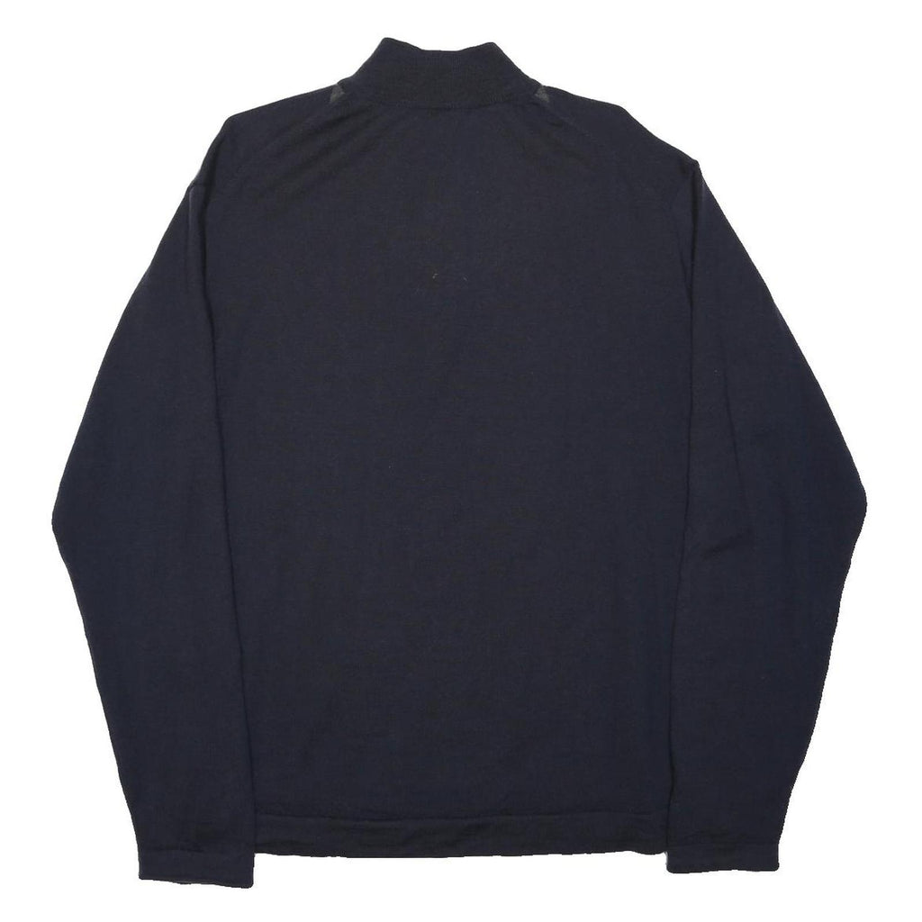 Mens Navy Blue Argyle Patterned Cotton Blend Pullover Jumper L Zip Neck