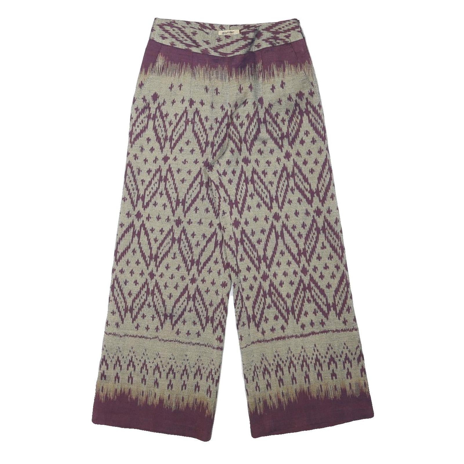 Womens Cotton Blend Beige & Purple Relaxed Wide-Leg Trousers W27 L26 Patterned