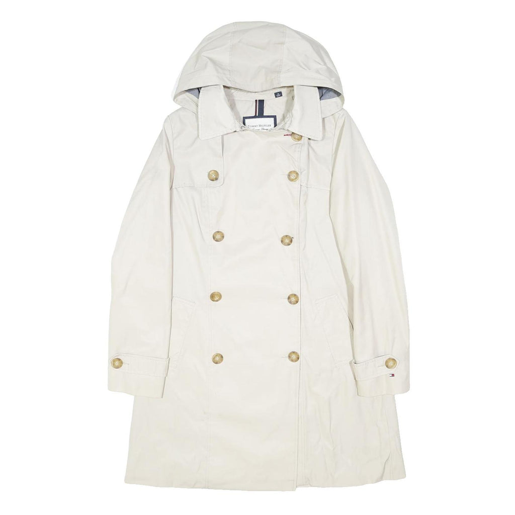 TOMMY HILFIGER Womens White Cotton Trench Jacket M Button Closure Hooded Classic