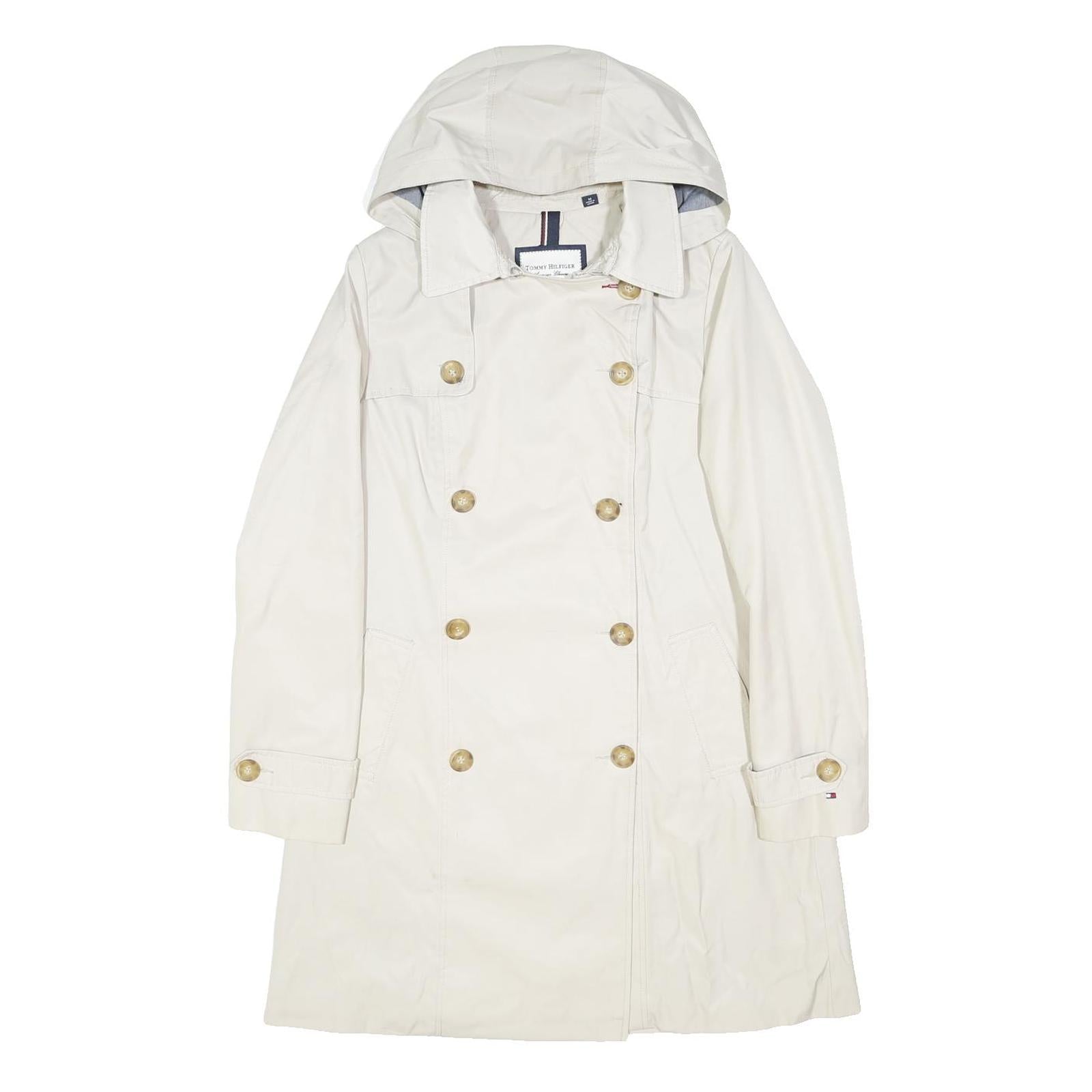 TOMMY HILFIGER Womens White Cotton Trench Jacket M Button Closure Hooded Classic