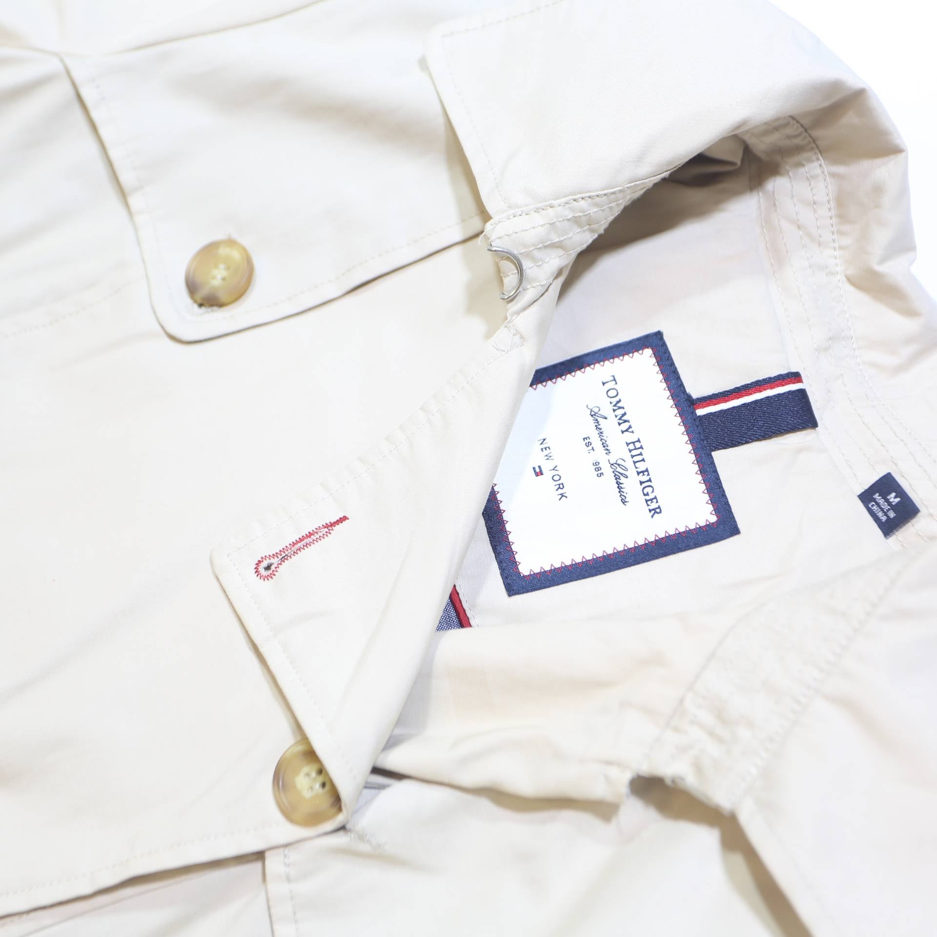 TOMMY HILFIGER Womens White Cotton Trench Jacket M Button Closure Hooded Classic