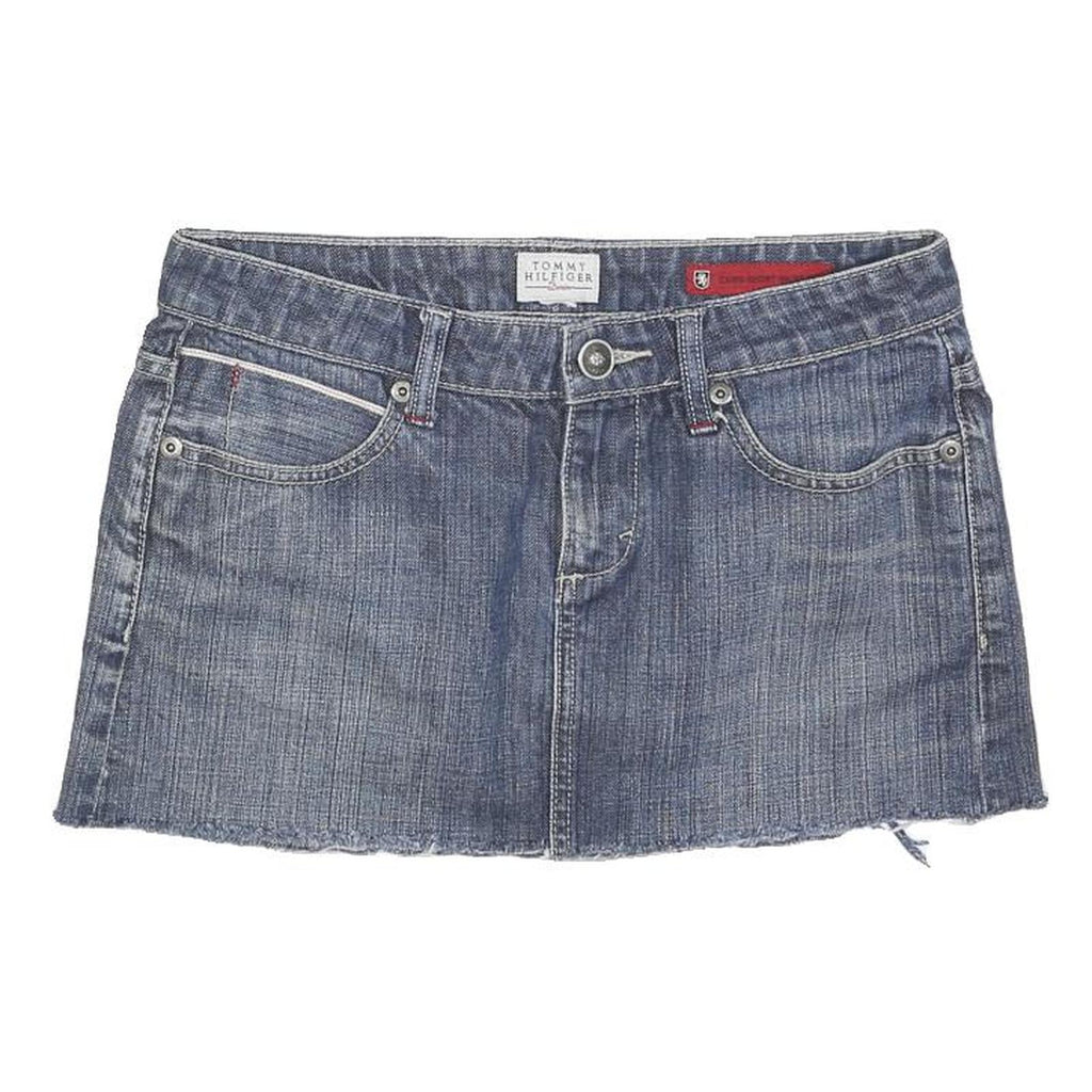 TOMMY HILFIGER Womens Blue Denim Mini Cotton Blend Skirt M Frayed Hem Casual