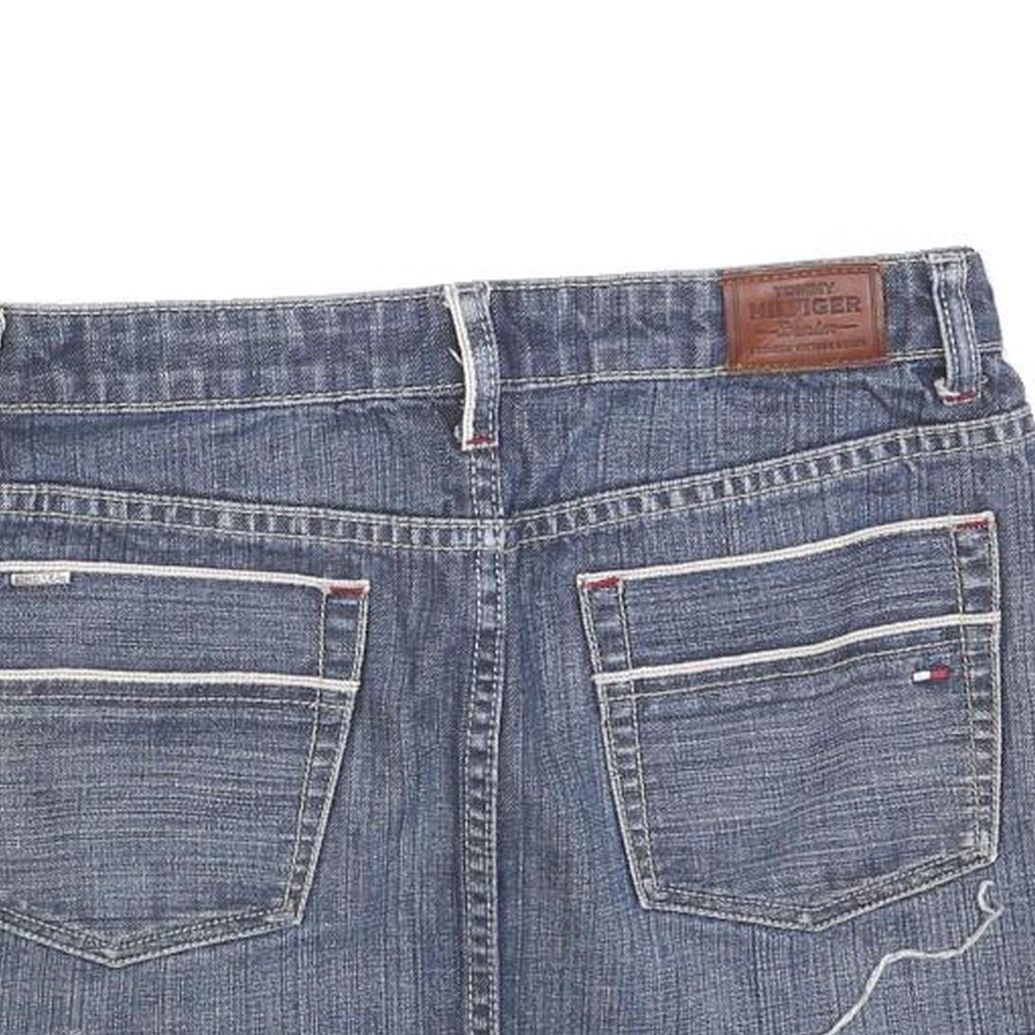 TOMMY HILFIGER Womens Blue Denim Mini Cotton Blend Skirt M Frayed Hem Casual