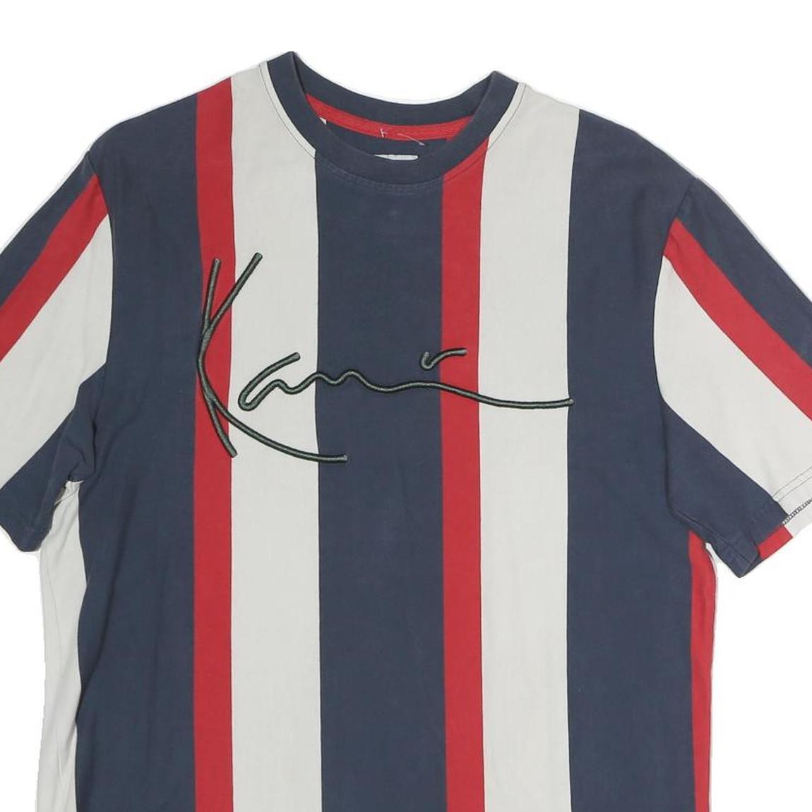 KARL KANI Mens Blue & Red & White Striped Graphic T-Shirt S Short Sleeve Crew
