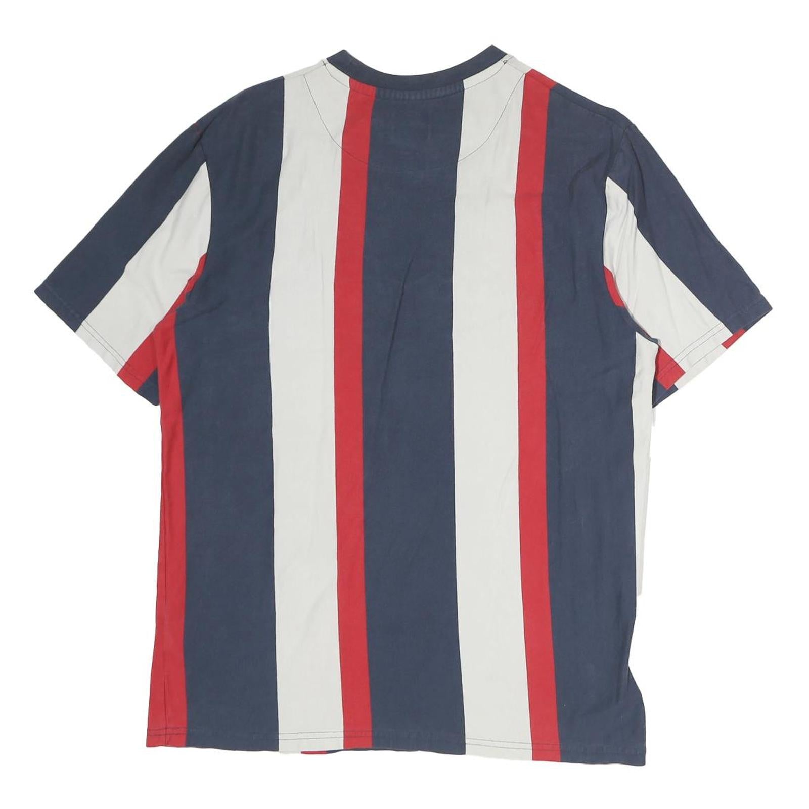 KARL KANI Mens Blue & Red & White Striped Graphic T-Shirt S Short Sleeve Crew