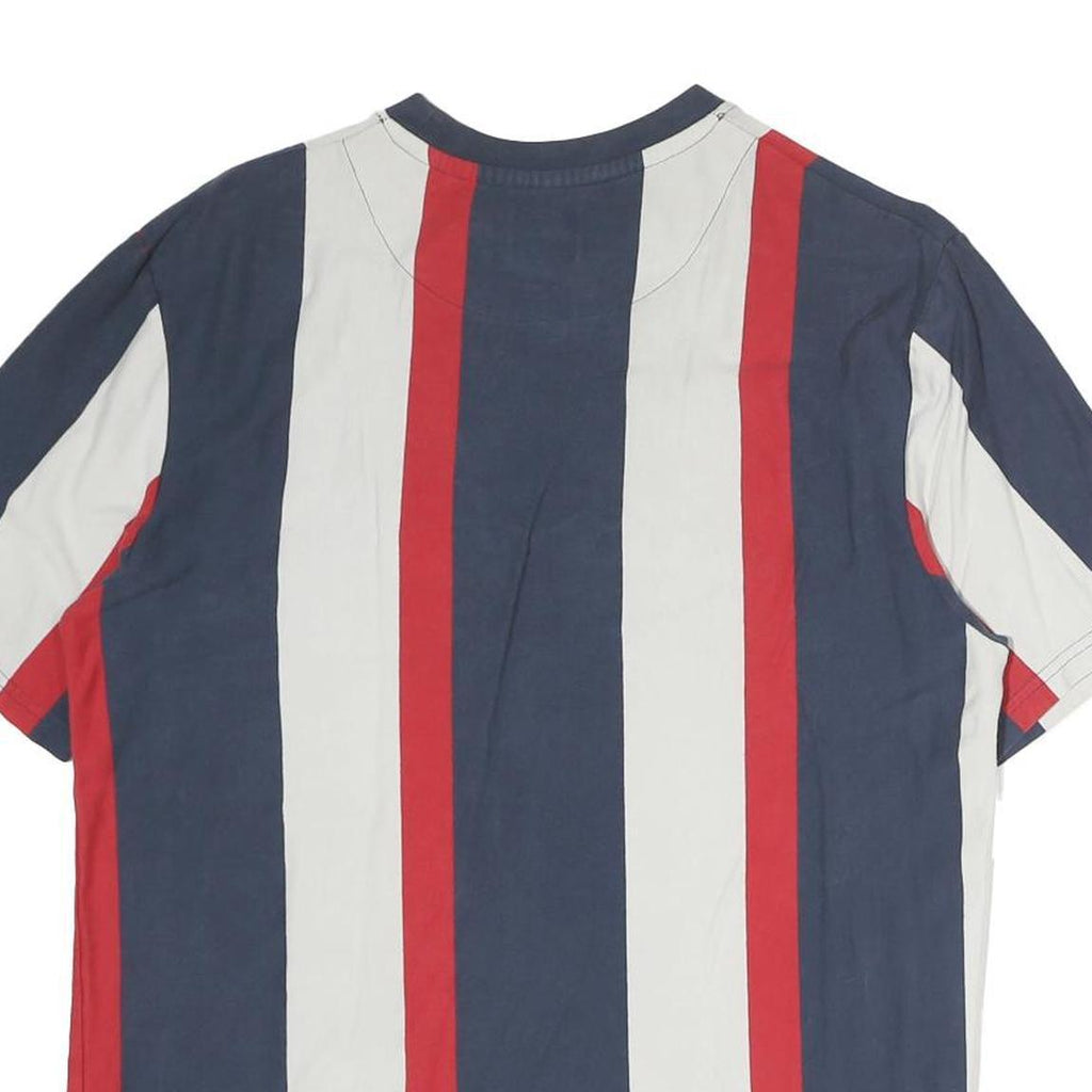 KARL KANI Mens Blue & Red & White Striped Graphic T-Shirt S Short Sleeve Crew