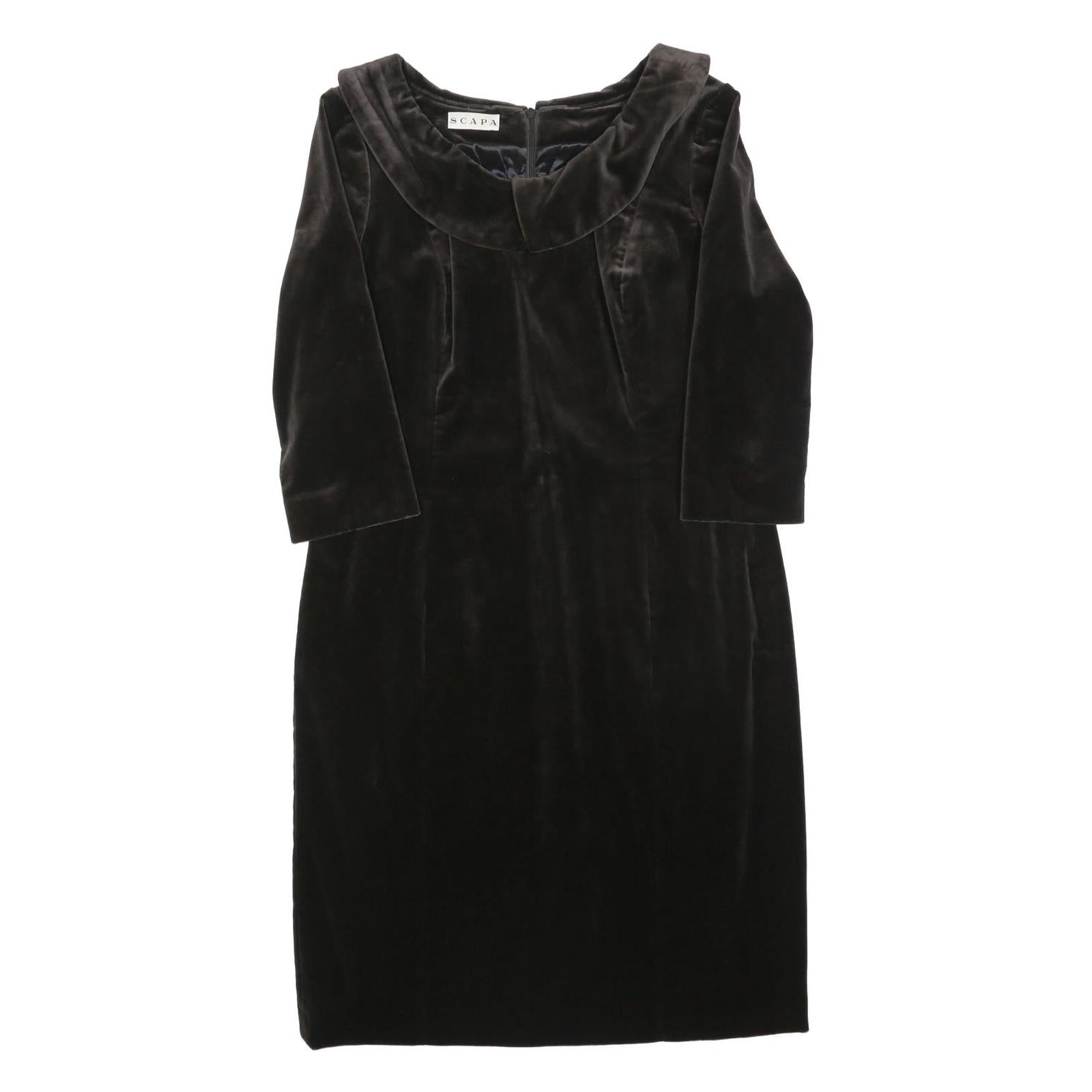 SCAPA Womens Black Velvet Shift Dress Polyester Long Sleeve Knee Length UK L