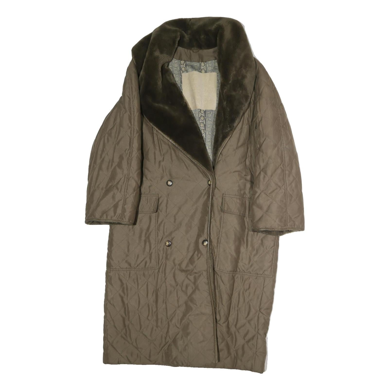 Womens Brown Cotton Quilted Jacket XL Button Closure Faux Fur Collar Long Sleeve