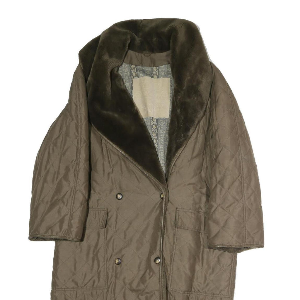 Womens Brown Cotton Quilted Jacket XL Button Closure Faux Fur Collar Long Sleeve