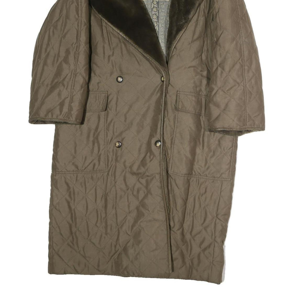 Womens Brown Cotton Quilted Jacket XL Button Closure Faux Fur Collar Long Sleeve