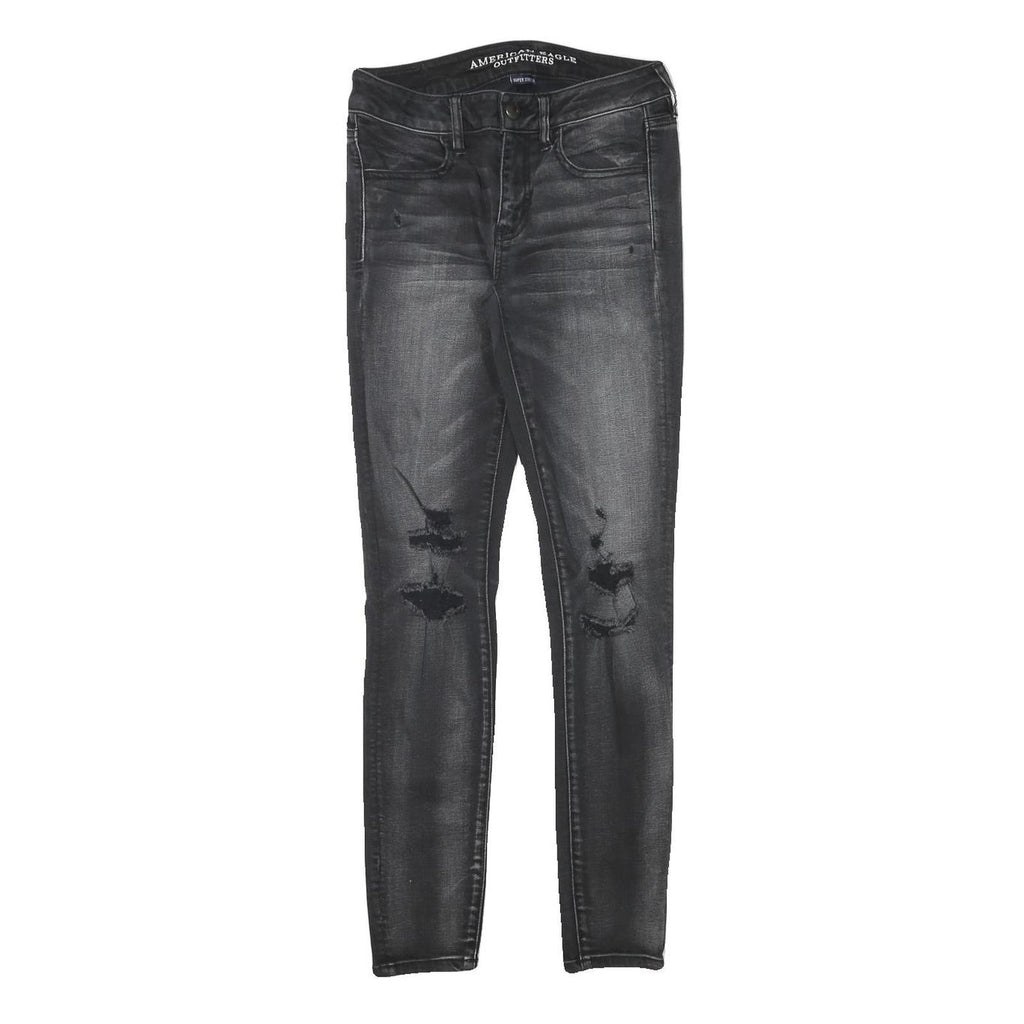 AMERICAN EAGLE Womens Slim Black Denim Stone Wash Jeans W26 L29 Distressed
