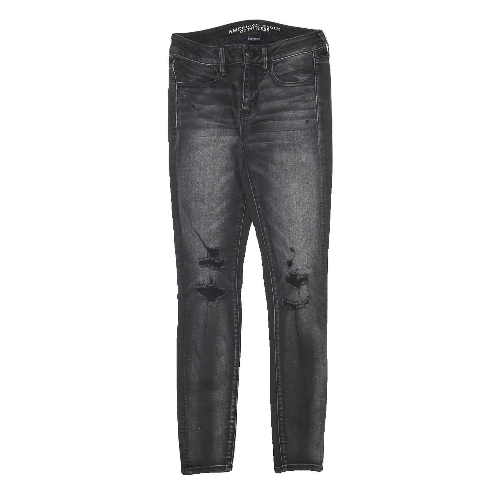 AMERICAN EAGLE Womens Slim Black Denim Stone Wash Jeans W26 L29 Distressed