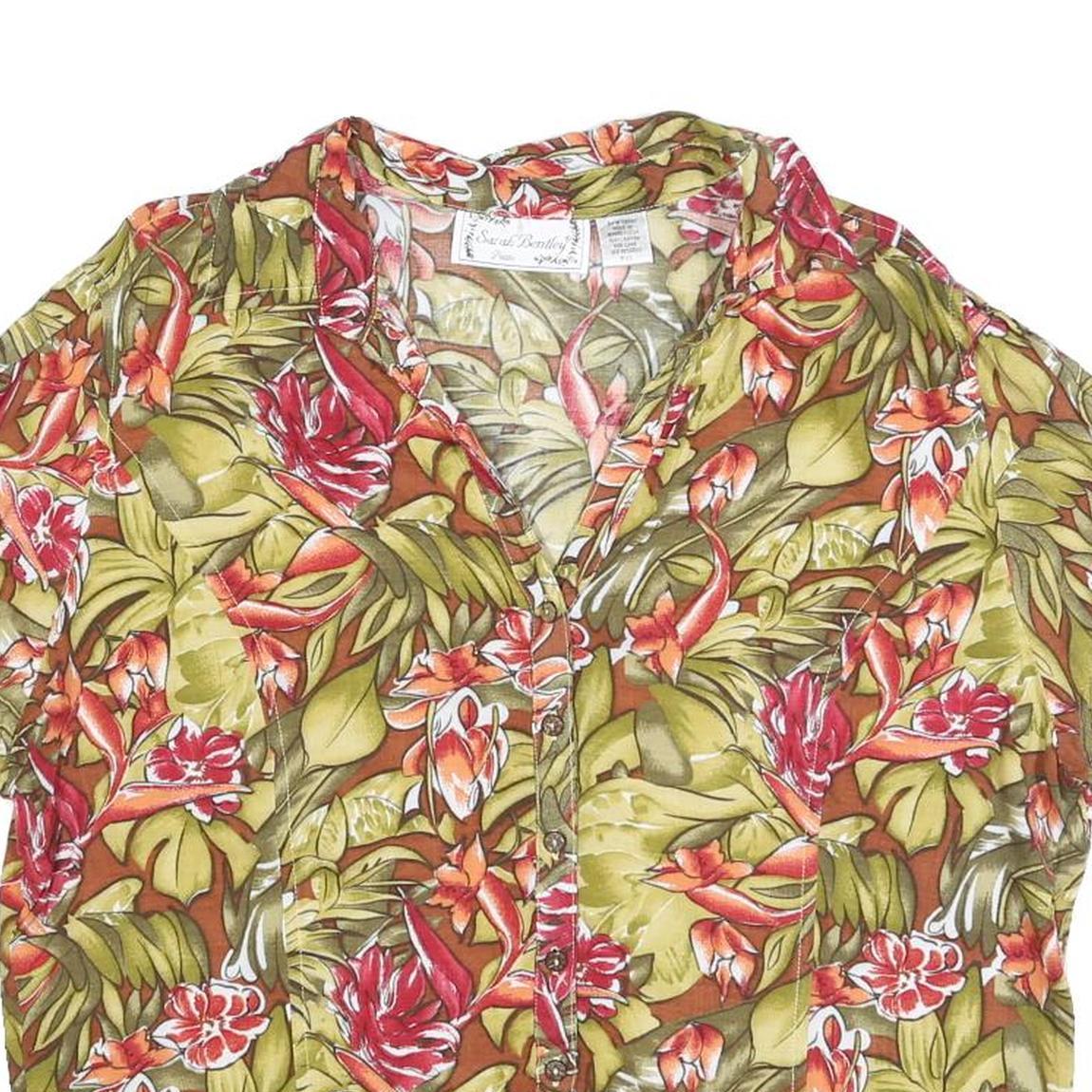 SARAH BENTLEY Womens Green Floral Print Blouse Short Sleeve V-Neck XL Cotton