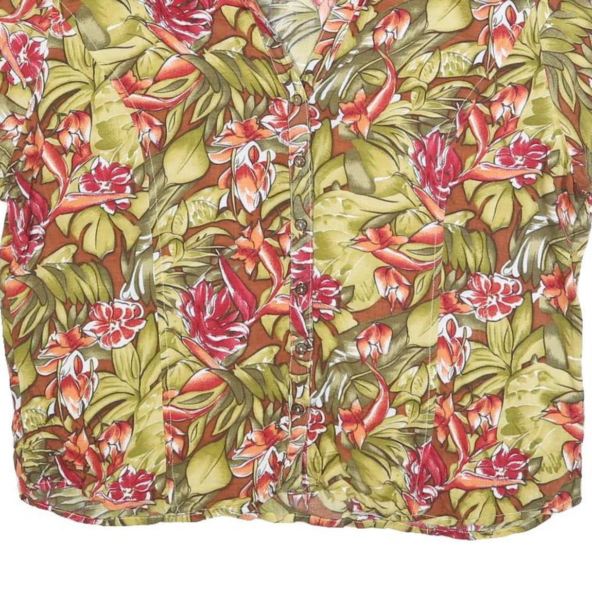 SARAH BENTLEY Womens Green Floral Print Blouse Short Sleeve V-Neck XL Cotton