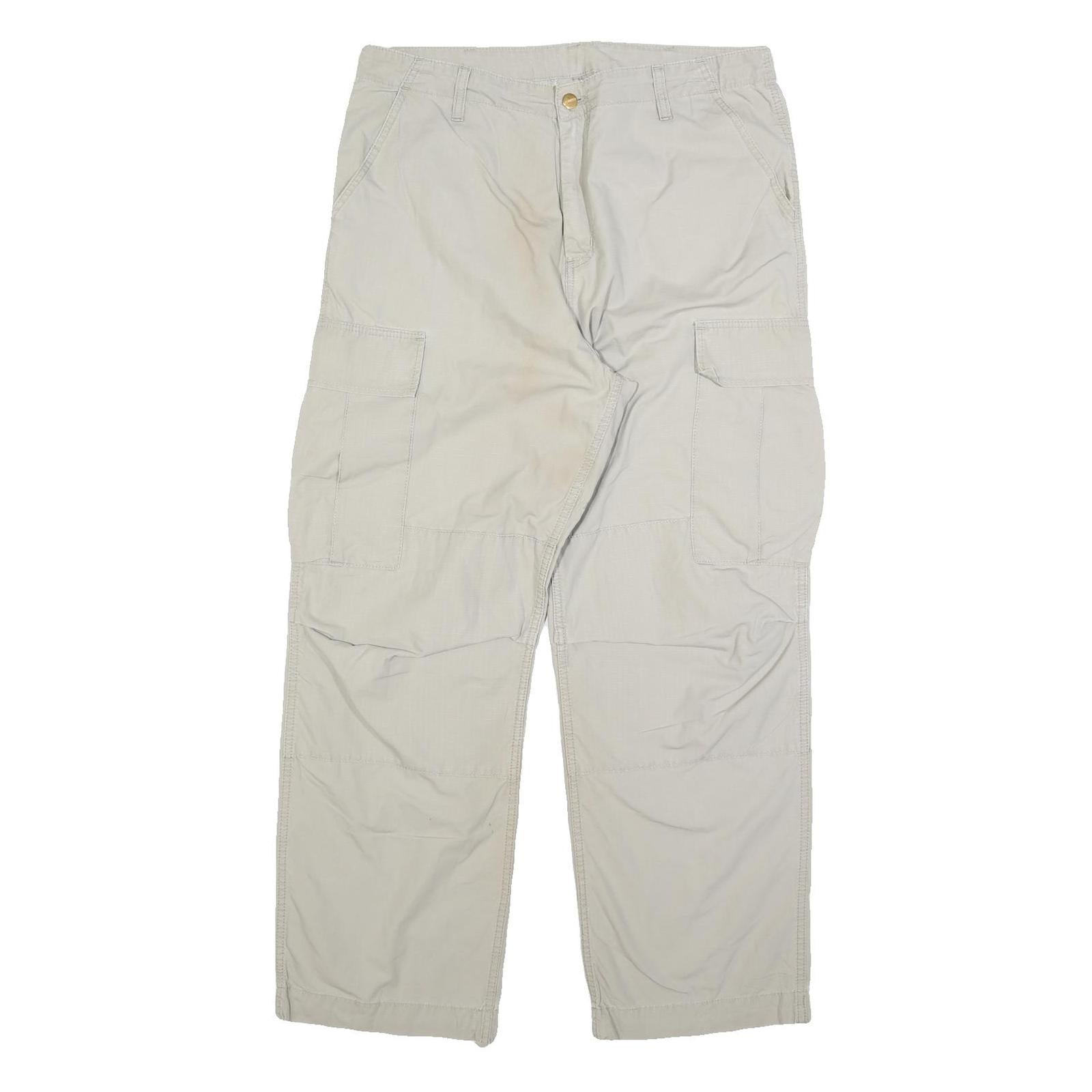 CARHARTT Mens Relaxed Beige Cargo Trousers W34 L32 Cotton Blend Zip Pocketed