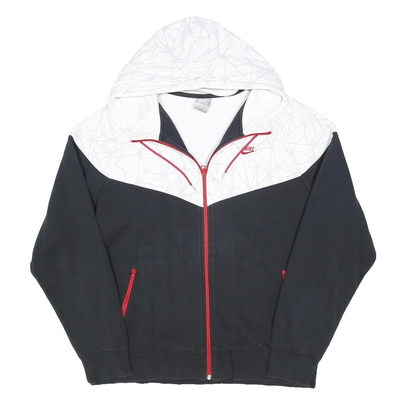 NIKE Mens White & Black Zip Up Hoodie L Red Trim Zipped Pockets Sporty
