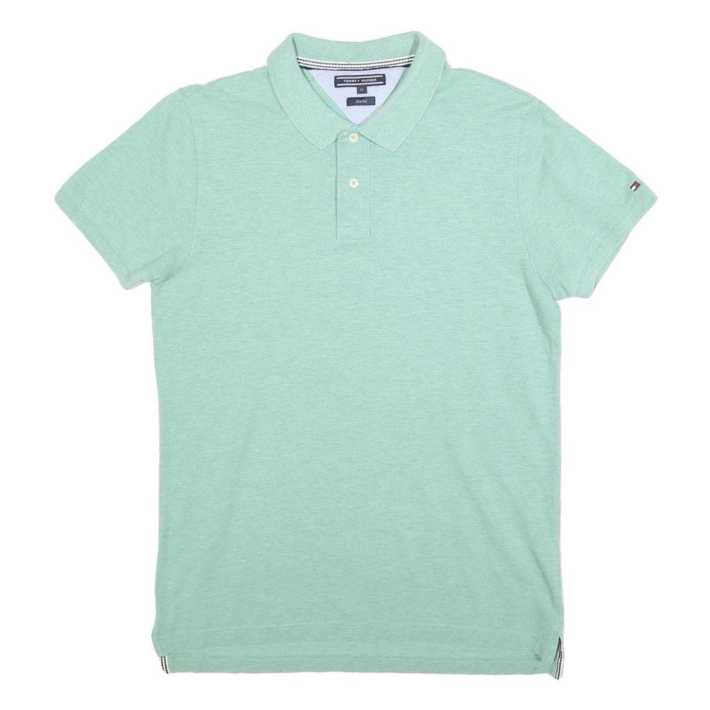TOMMY HILFIGER Mens Green Short Sleeve Plain Polo Shirt M Cotton Blend