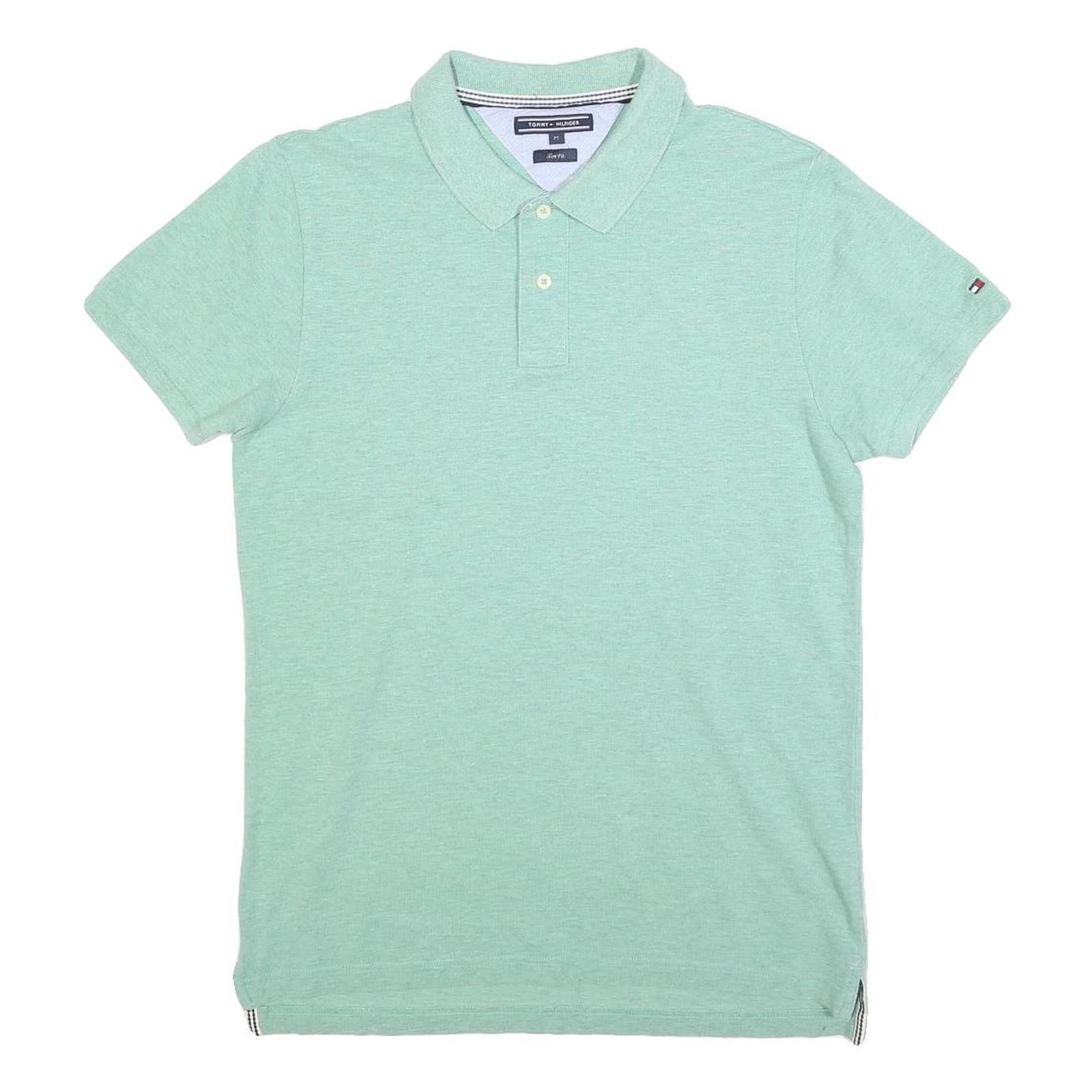 TOMMY HILFIGER Mens Green Short Sleeve Plain Polo Shirt M Cotton Blend
