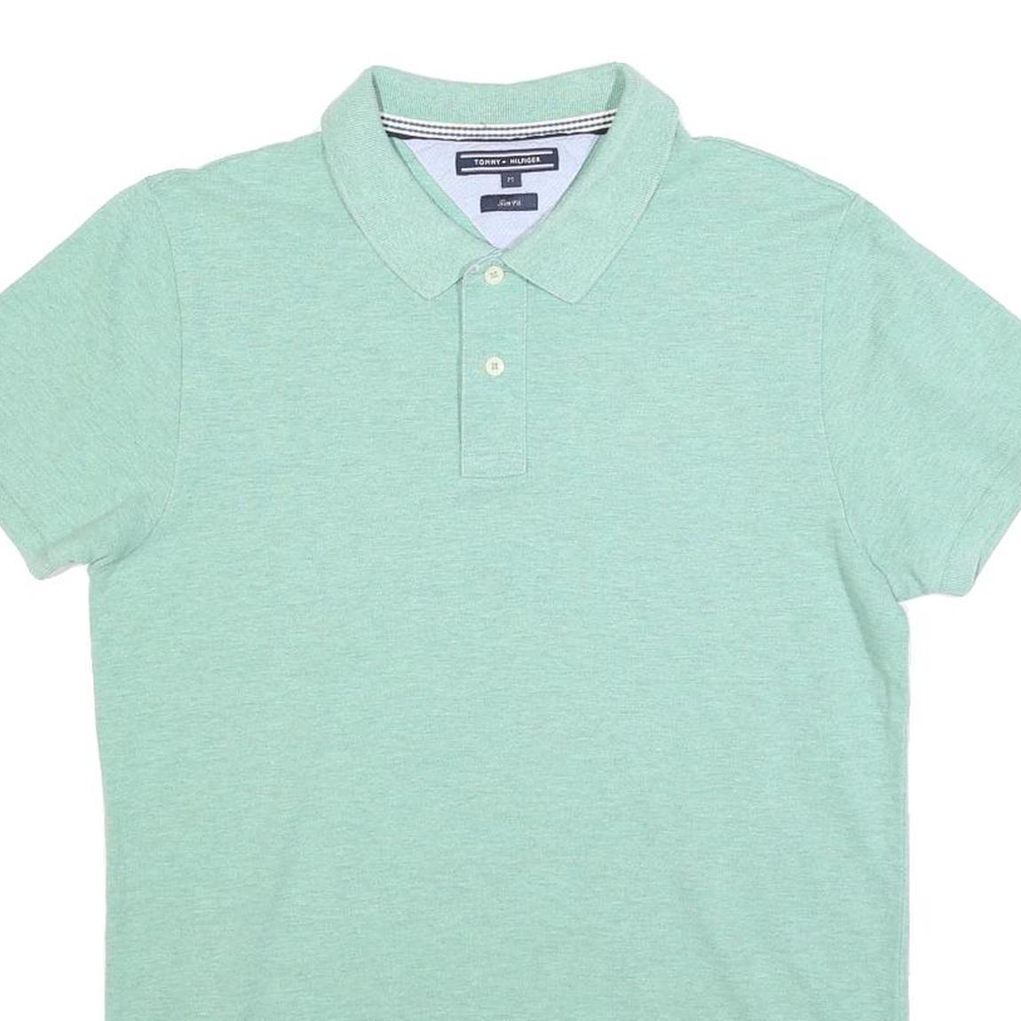 TOMMY HILFIGER Mens Green Short Sleeve Plain Polo Shirt M Cotton Blend