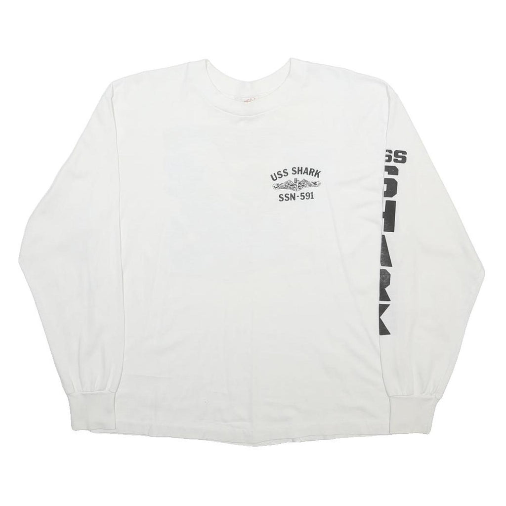 HEF-T Mens White USS Shark XL Long Sleeve Crew Neck Graphic Print Cotton Blend