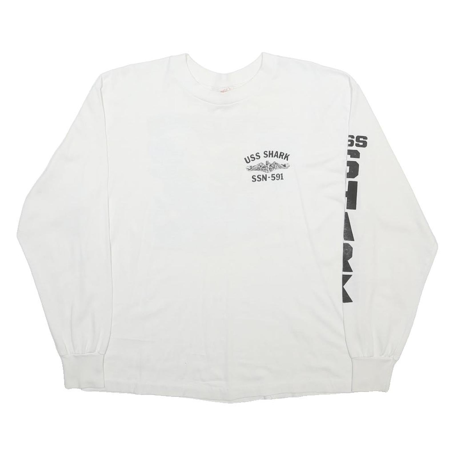 HEF-T Mens White USS Shark XL Long Sleeve Crew Neck Graphic Print Cotton Blend