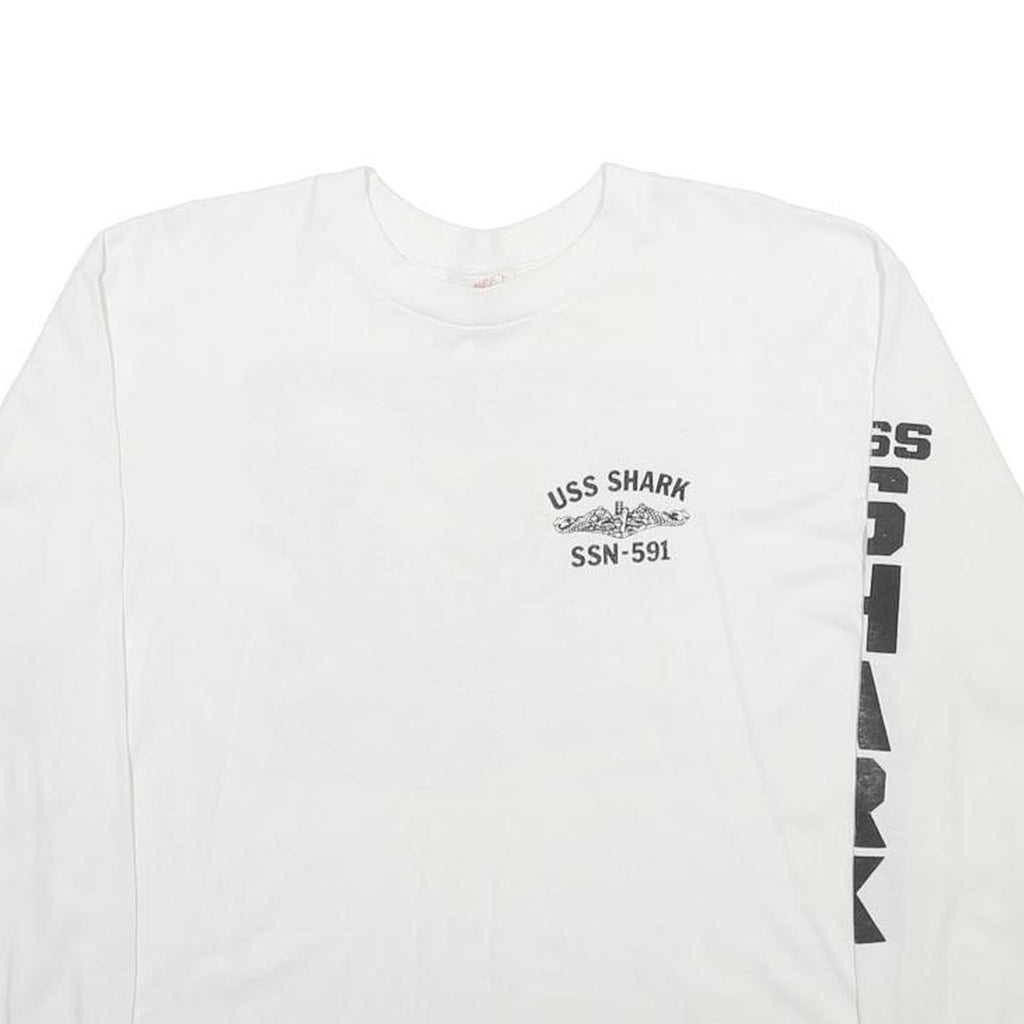 HEF-T Mens White USS Shark XL Long Sleeve Crew Neck Graphic Print Cotton Blend