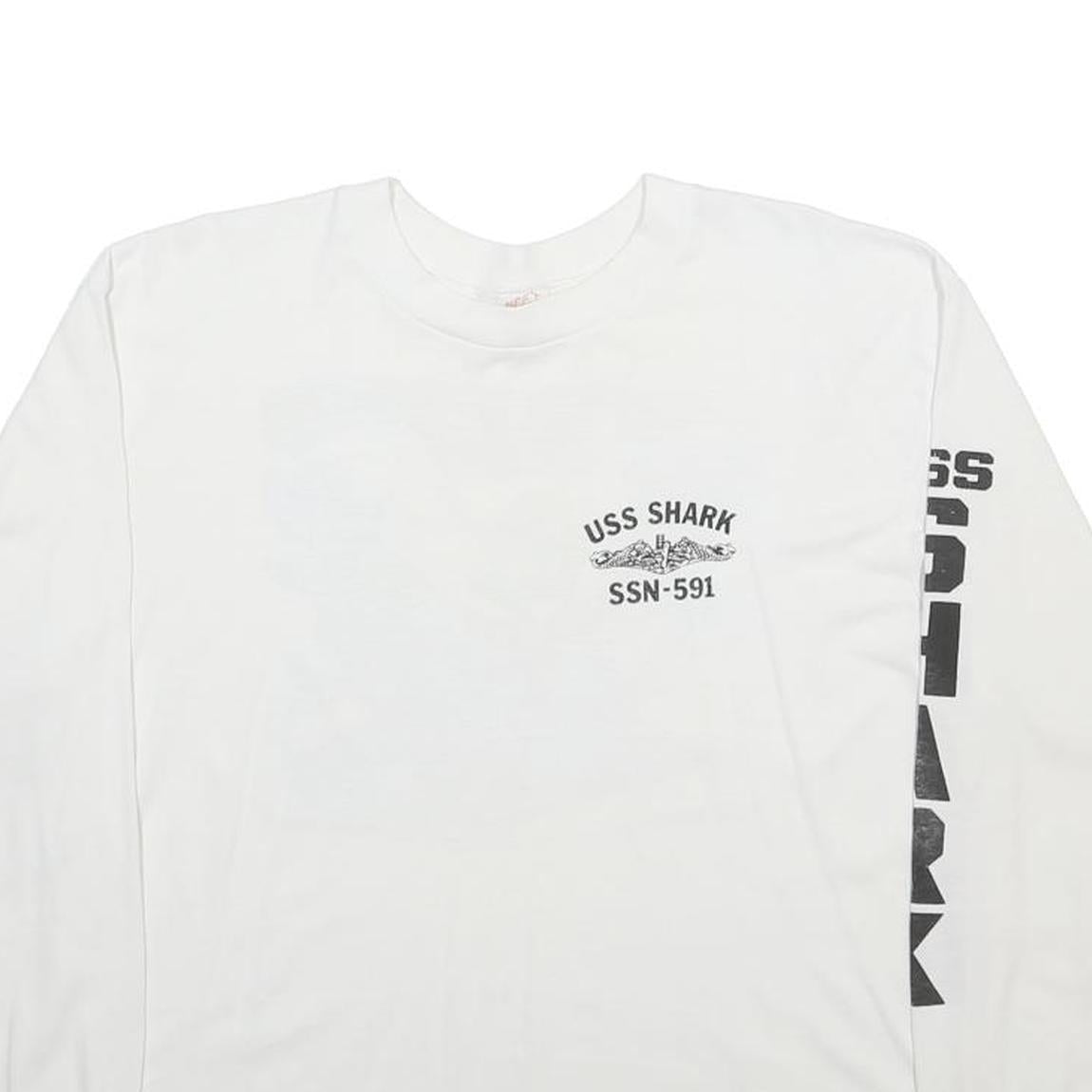 HEF-T Mens White USS Shark XL Long Sleeve Crew Neck Graphic Print Cotton Blend