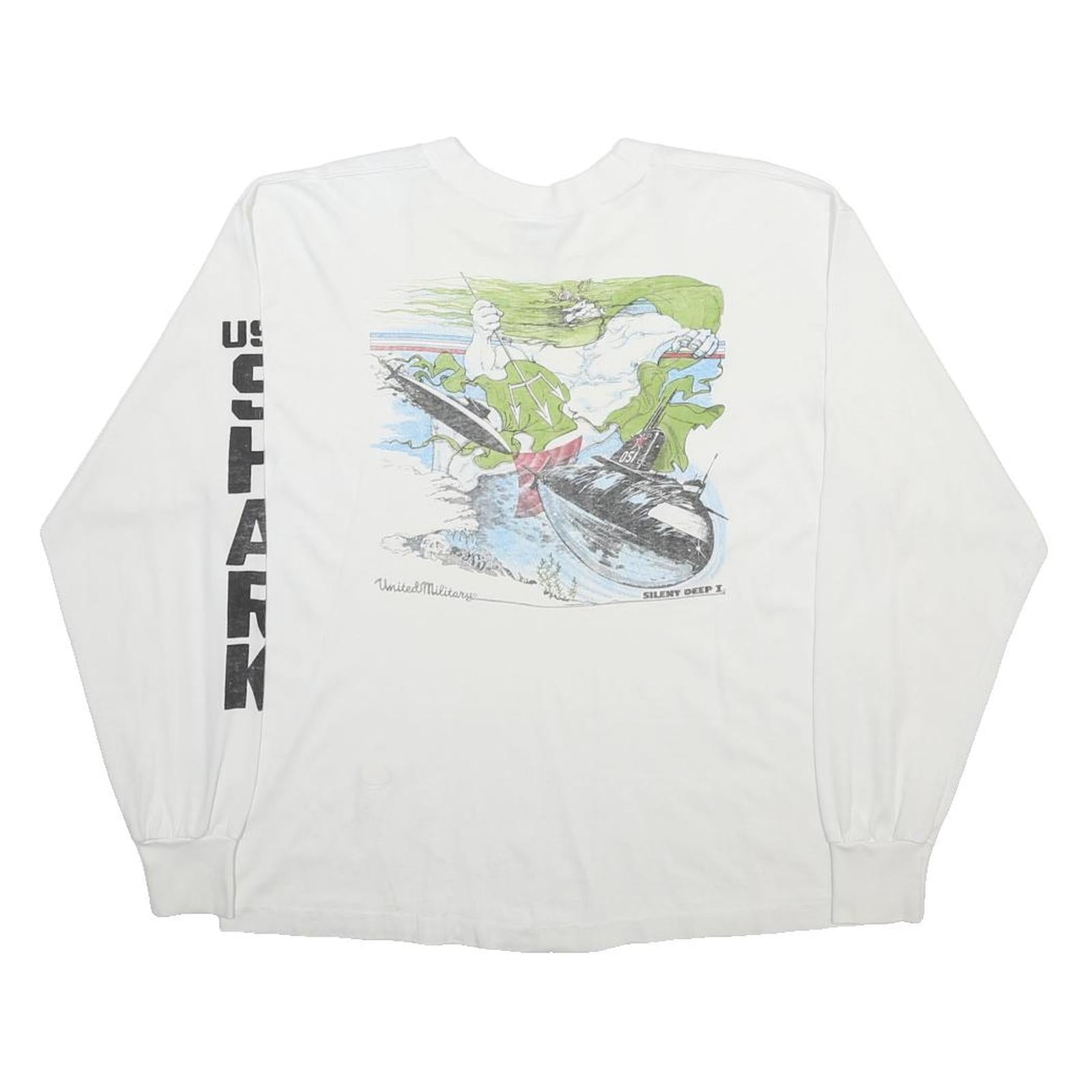HEF-T Mens White USS Shark XL Long Sleeve Crew Neck Graphic Print Cotton Blend