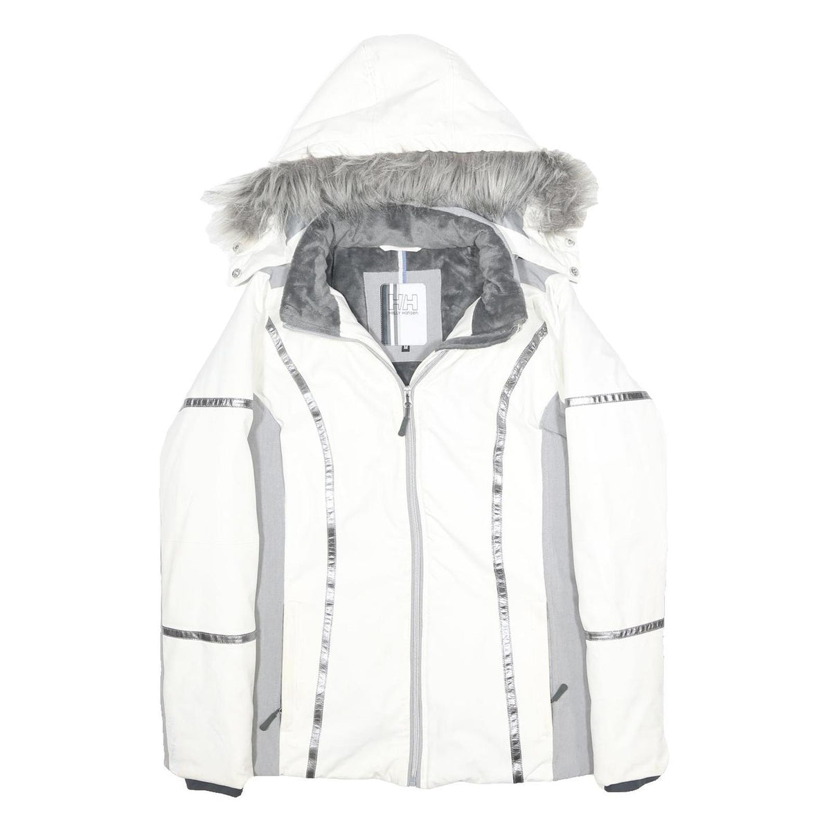 HELLY HANSEN Womens White & Grey Ski Jacket M Polyester Zip Hooded Casual Winter