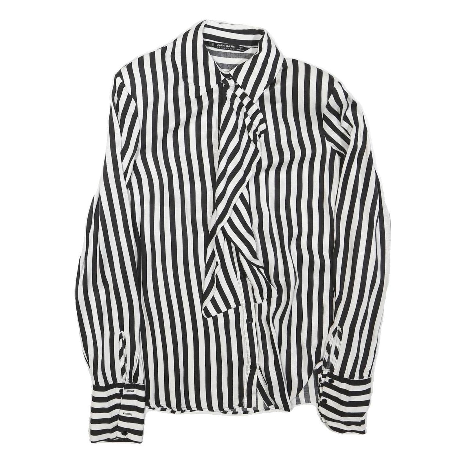 ZARA Womens Black & White Stripe Shirt Long Sleeve Button Neck S Stylish