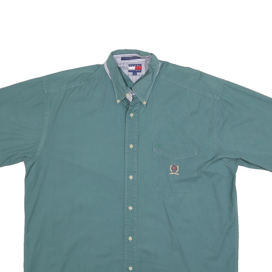 TOMMY HILFIGER Mens Green L Button Down Shirt Cotton Short Sleeve Casual