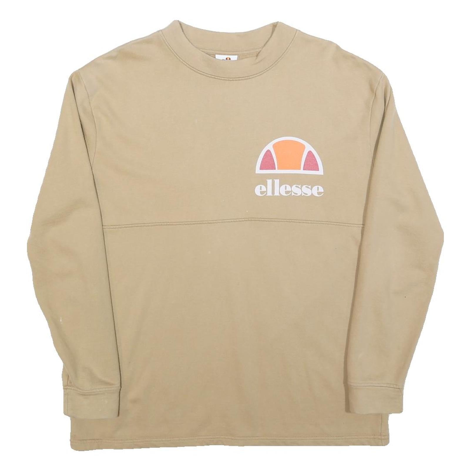 ELLESSE Womens Beige Crew Neck UK 8 Sweatshirt Cotton Blend Casual Logo Print