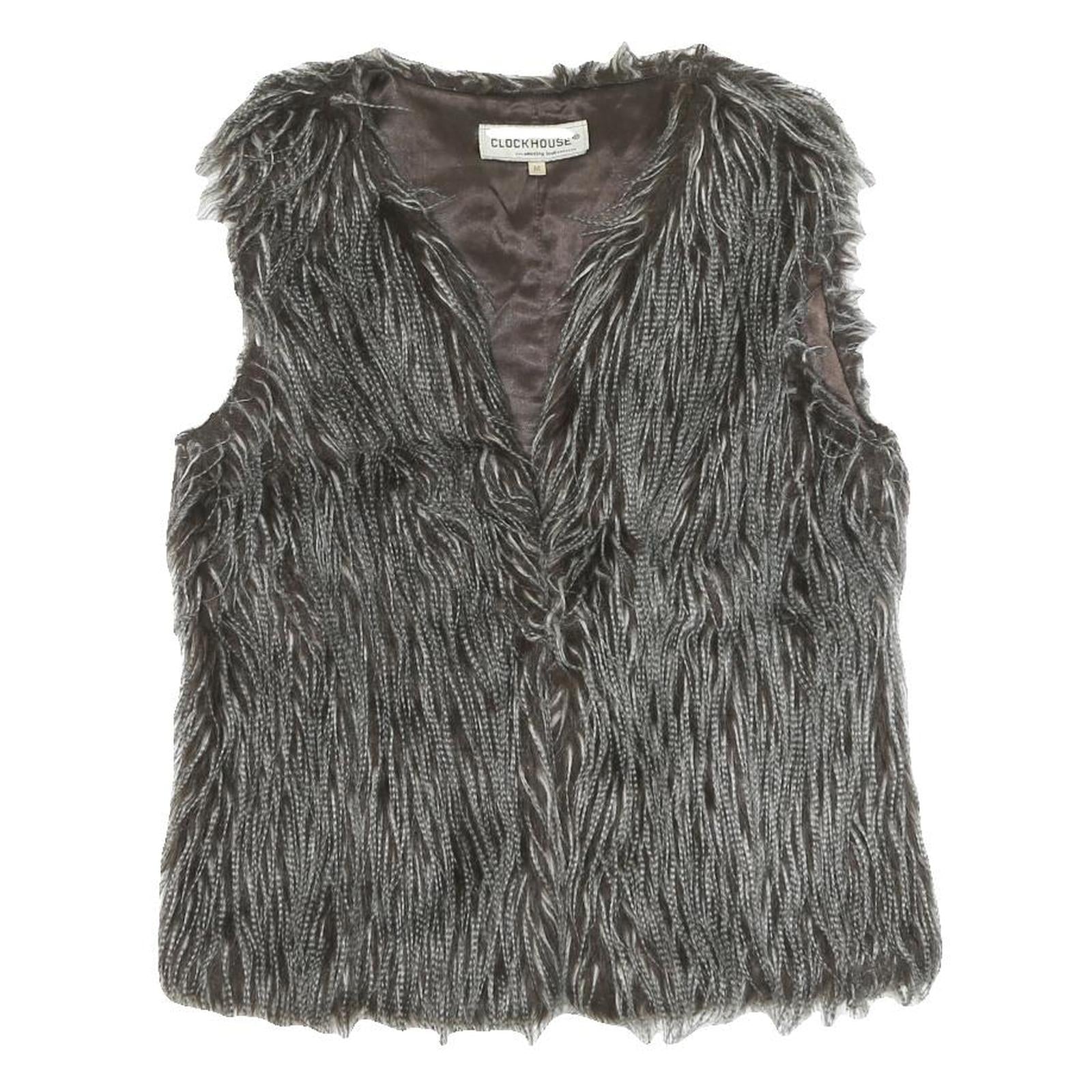 CLOCKHOUSE Womens Grey Faux Fur Button Jacket M Polyester Blend Textured