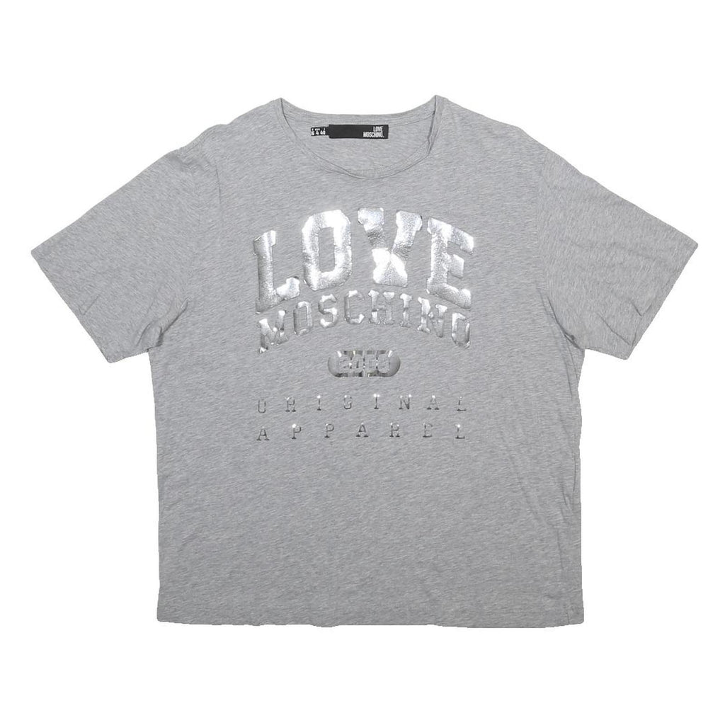 LOVE MOSCHINO Womens Grey Silver Logo Graphic T-Shirt UK 8 Short Sleeve Crew