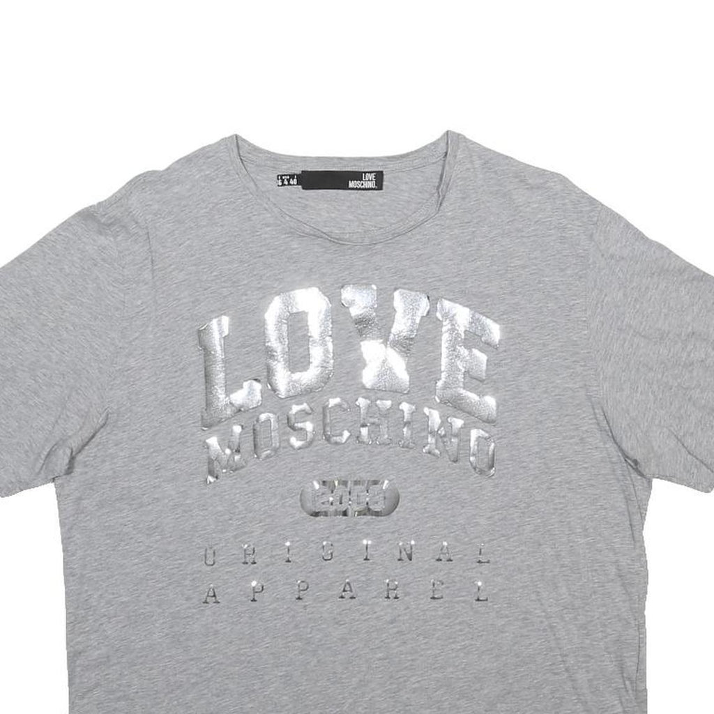 LOVE MOSCHINO Womens Grey Silver Logo Graphic T-Shirt UK 8 Short Sleeve Crew