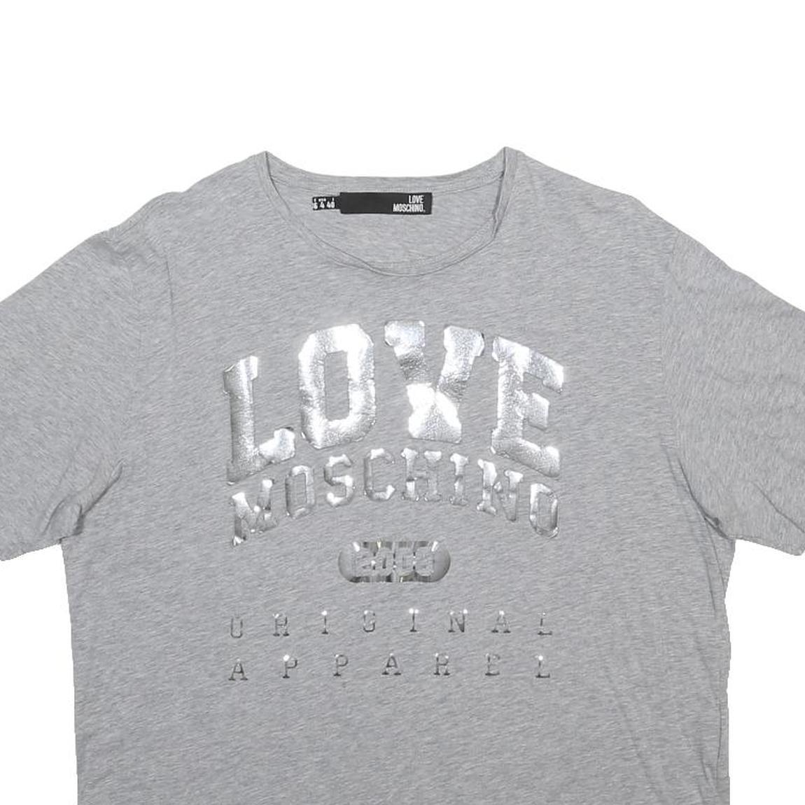 LOVE MOSCHINO Womens Grey Silver Logo Graphic T-Shirt UK 8 Short Sleeve Crew